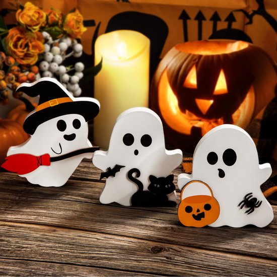 Schattige spookachtige Halloween-decoraties voor binnen, houten tafeldecoratie met 3-delige opberglade, zwarte kat, vleermuis, heksenbezem, pompoenblokken voor op de plank van een feest.