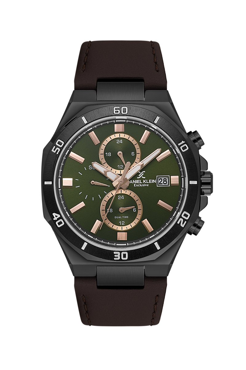 Daniel Klein DK.1.14003-4 - Horloge - Polshorloge - Analoog - Heren- Mannen- Leren band - Metaal - Afegronde achthoek - Streepjes - Dual Time - 12-24 - Datumaanduiding - Bruin - Donkergroen-Kaki - Rosékleurig - Zwart - Donkergrijs- Wit
