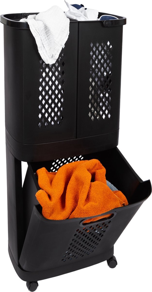 Eleganca Wasmand 3 vakken - XL Formaat 95 Liter - Wassorteerder - Kunststof - D31 x B45 x H90 cm - Afneembare manden - Wasmand op Wielen - Ruimtebesparend - Zwart