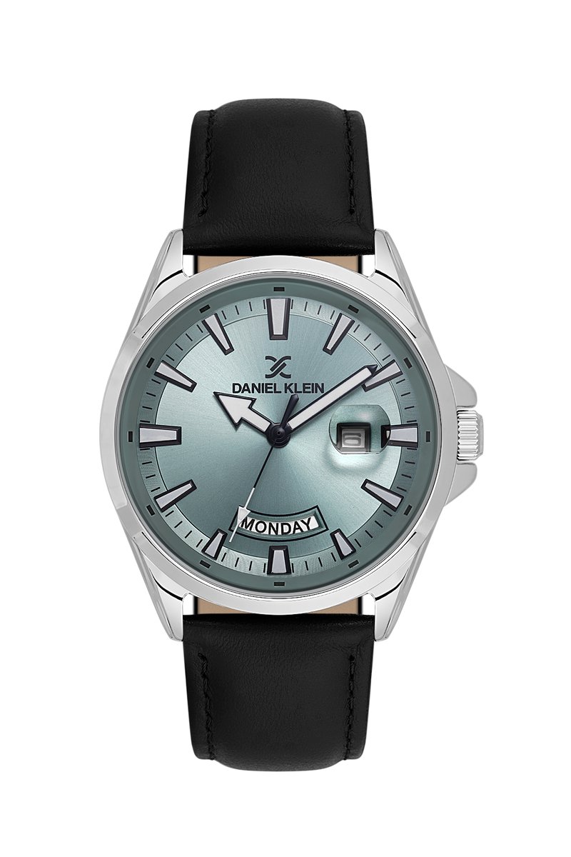 Daniel Klein DK.6.14038-3 - Horloge - Polshorloge - Analoog - Heren - Mannen - Leren band - Metaal - Rond - Streepjes - Datumaanduiding - Zwart - Zilverkleurig - Lichtgroen - Wit