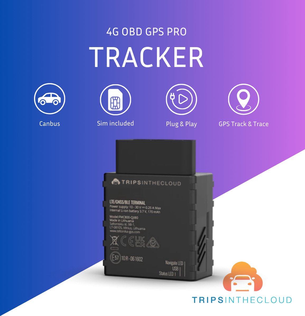 OBD GPS Tracker 4G Pro - Ritregistratie - KM registratie - auto - met licentie - simkaart
