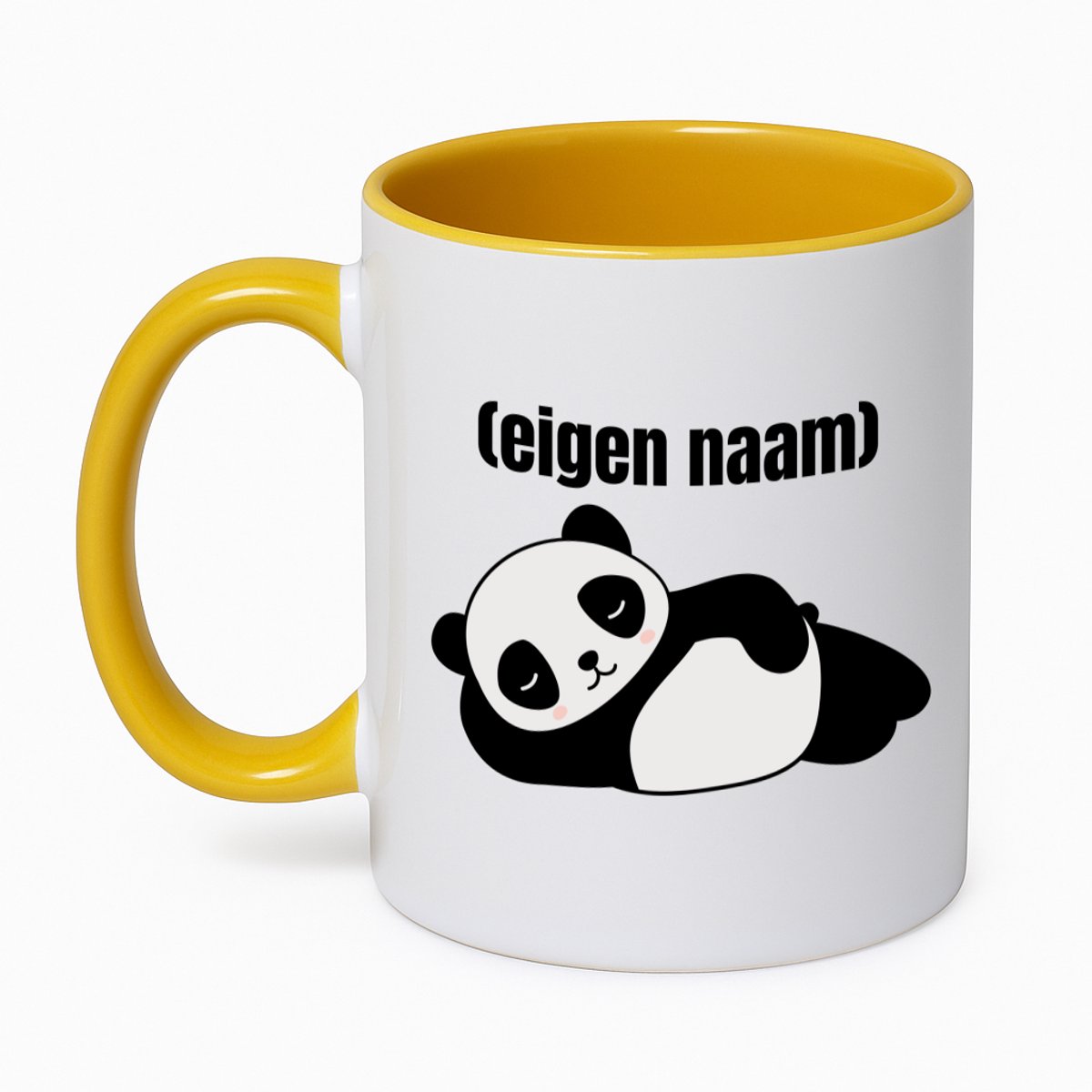 Hacebo® - liggende panda met eigen naam koffiebeker goudgeel - Panda - panda liefhebbers - thee mok - koffie beker - iemand die houdt van panda's - verjaardag - cadeau - kado - koffiemok - 350 ML inhoud