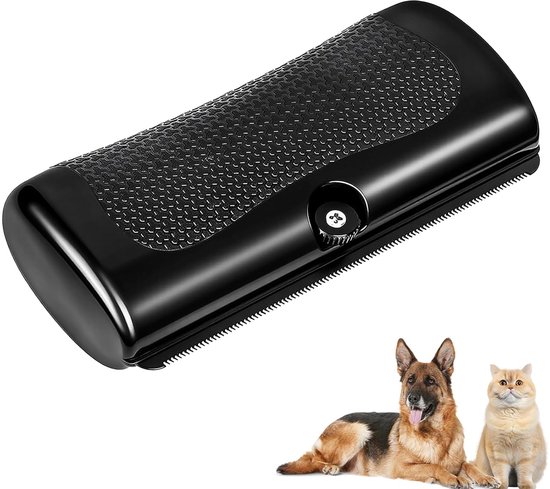 Zwarte, ergonomische ontharingsborstel met getextureerde antislipgreep voor honden en katten.