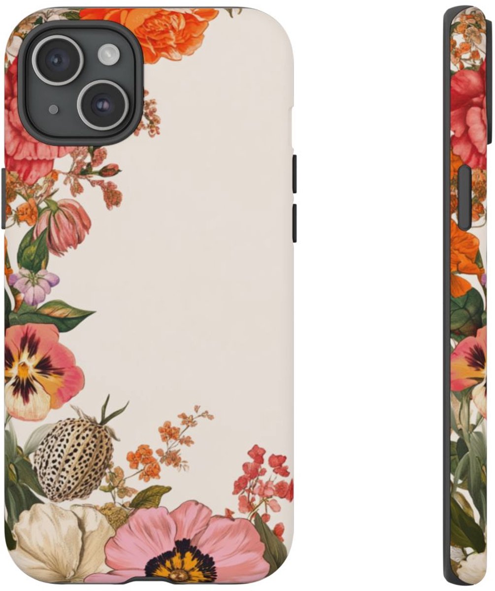 Vintage Botanische Bloemenrand – Telefoonhoesje Geschikt voor iPhone 15 Plus
