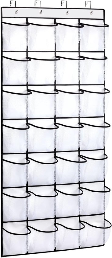 Schoenenrek - Organizer - Schoenenkasten - Schoenenzak hangend - Schoenenopberger met doorzichtige deur - Organizer - Schoenenzak - Hangende opberger - 28 vakken - grote opbergruimte boven de deur - voor in de kast schoenenhouder - hanger - wit