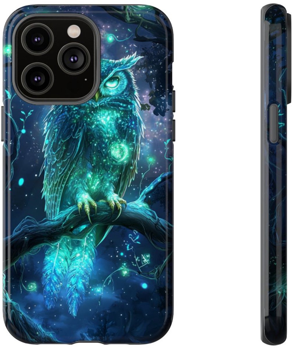 Glinsterende Mystieke Uil op Tak – Telefoonhoesje Geschikt voor iPhone 14 Pro Max