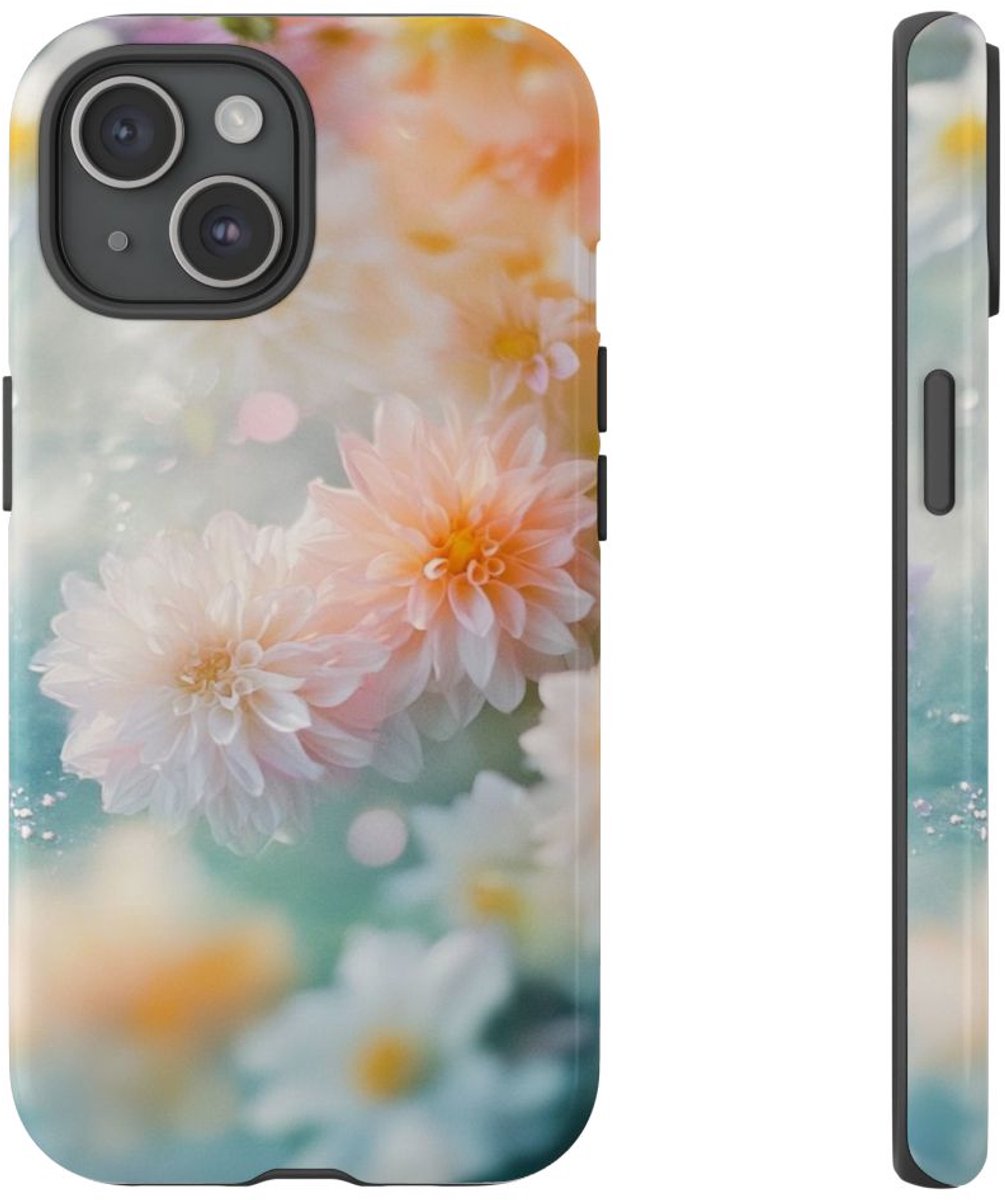 Zachte Pastel Dahlia's Bloemmotief – Telefoonhoesje Geschikt voor iPhone 15