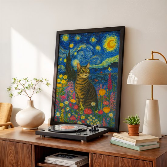 Een bruine cyperse kat zit in een bloemenveld onder een sterrenhemel, in de stijl van Van Goghs Sterrennacht. De poster is ingelijst in een zwarte lijst.