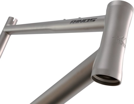 Close-up van de balhoofdbuis van een zilverkleurig titanium Rinos fietsframe.