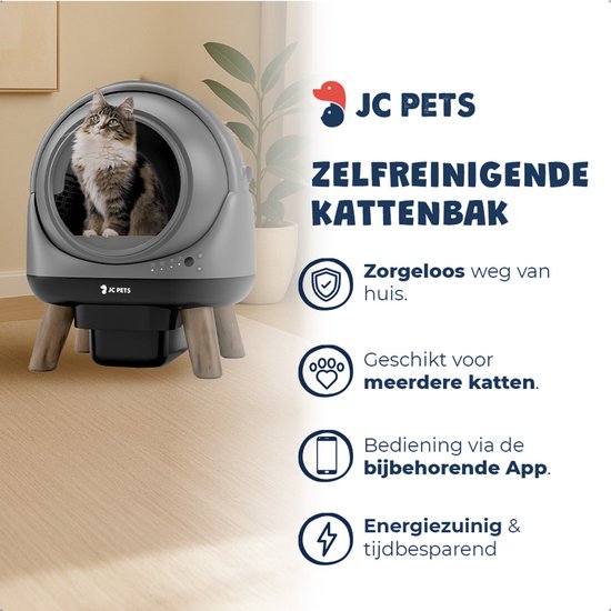 Een kat zit in de JC Pets zelfreinigende kattenbak. Kenmerken: zorgeloos weg van huis, geschikt voor meerdere katten, bediening via app, energiezuinig.