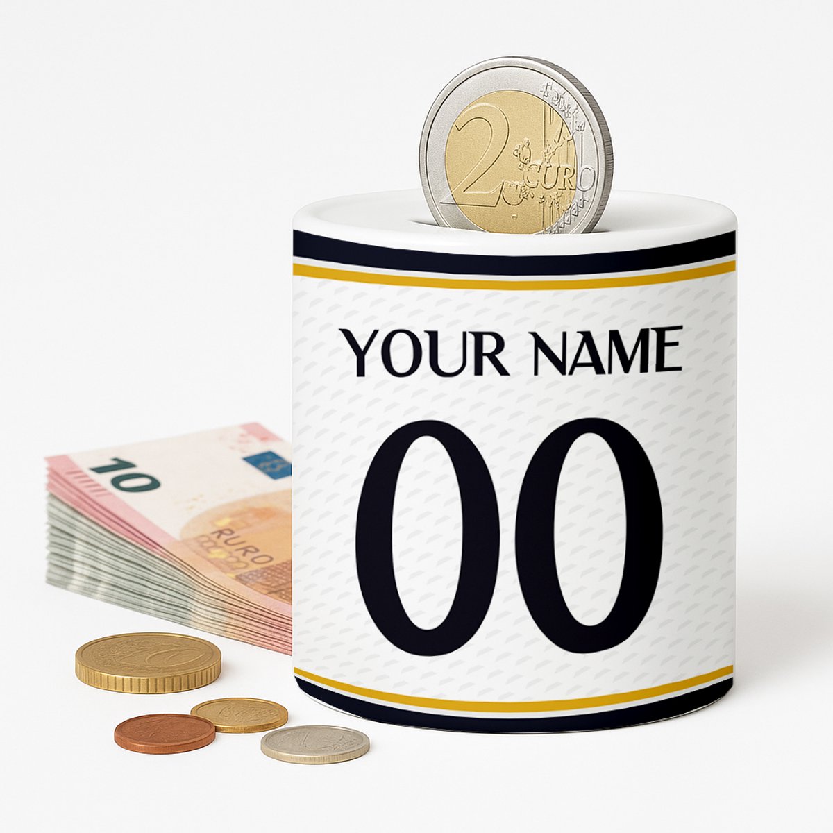 Spaarpot Madrid Voetbal - Spaarpot met naam gepersonaliseerd - Voetbal Cadeau - Geschenk - Voetbal shirt op spaarpot - Spaarpotten voor volwassenen of kind - jongen of meisje