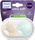 Philips Avent verpakking met twee ultra zachte fopspenen; één beige met bloemetjes, één mintgroen met slak.