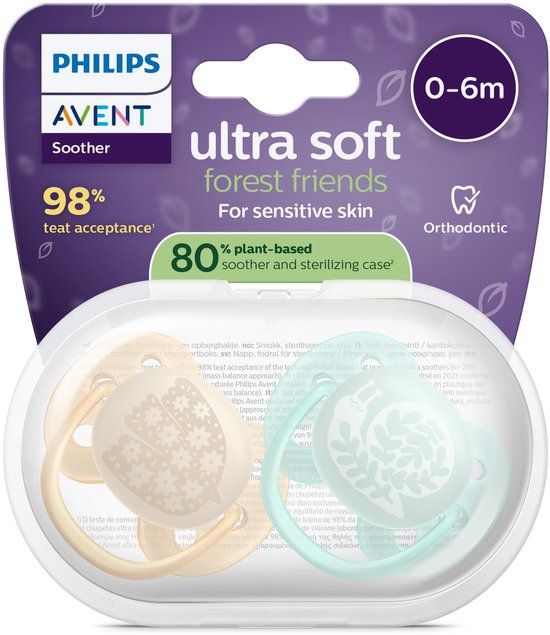 Philips Avent verpakking met twee ultra zachte fopspenen; één beige met bloemetjes, één mintgroen met slak.