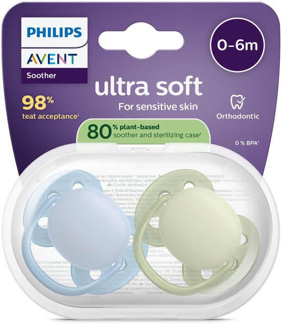 Verpakking van Philips Avent met twee fopspenen, één blauw en één lichtgroen. Fopspenen voor 0-6 maanden.