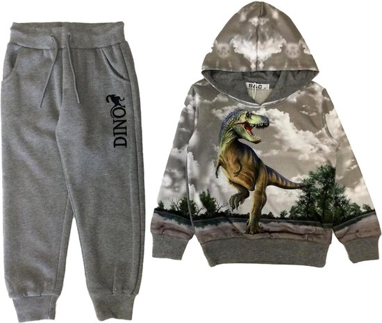 Survêtement Kinder Grijs avec capuche - Imprimé Dino cool - Survêtement Garçons et Filles - Set pantalon et pull - Taille 122/128 - 65 % Katoen