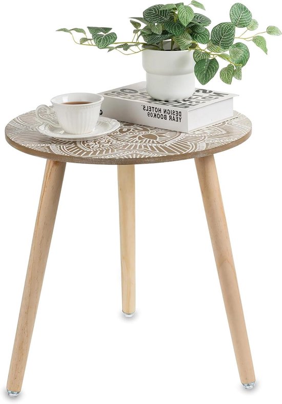 Hanobe Kleine ronde bijzettafel: Boho bloemen eindtafels voor woonkamer Boheems accent nachtkastje wit slaapkamer nachtkastje boerderij woondecoratie decoratief met 3 houten poten, eenvoudige montage