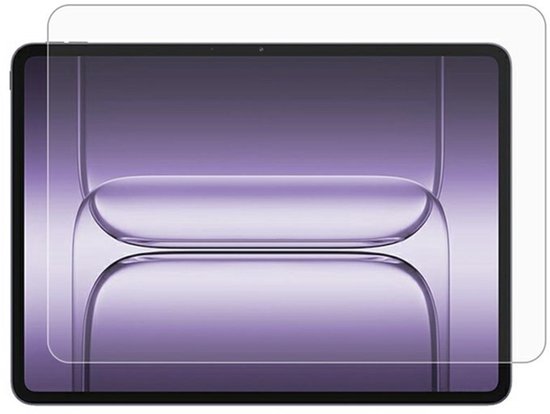 Een transparante screenprotector bedekt een tablet met paarse achtergrond.