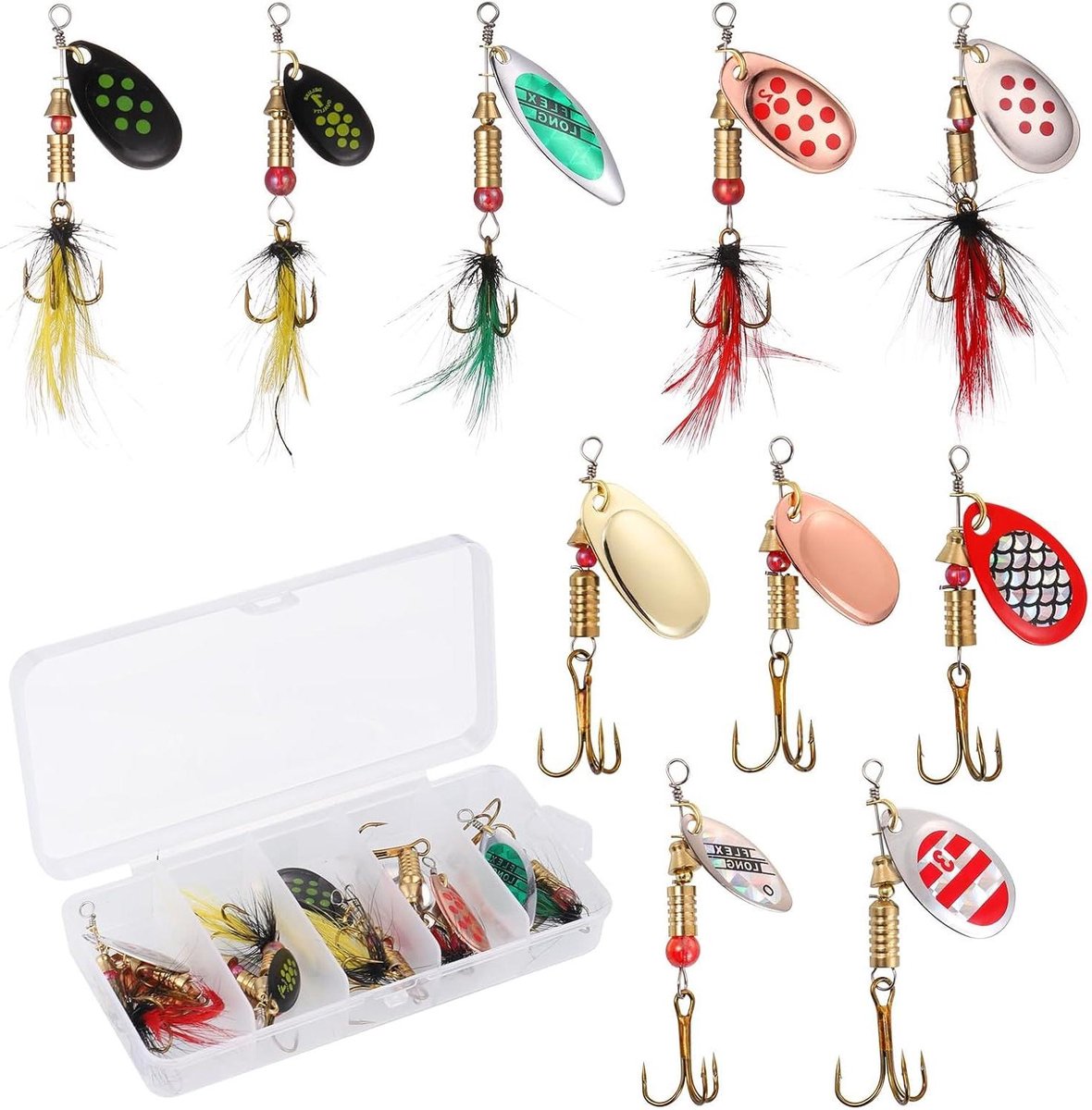 Allecto Plus - Visaasset 10 stuks spinner-aas met drielinghaken - knipperlichten en pailletten - visaccessoires in doos - viscadeau voor mannen en vader - baars snoek snoekbaars.