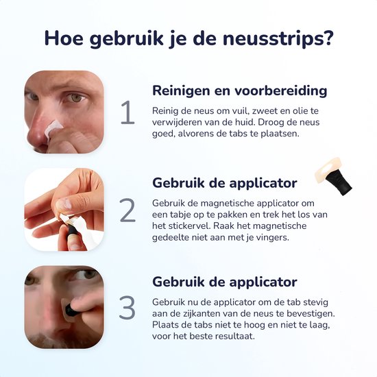 Stapsgewijze instructies voor het gebruik van de neusstrips met een magnetische applicator.