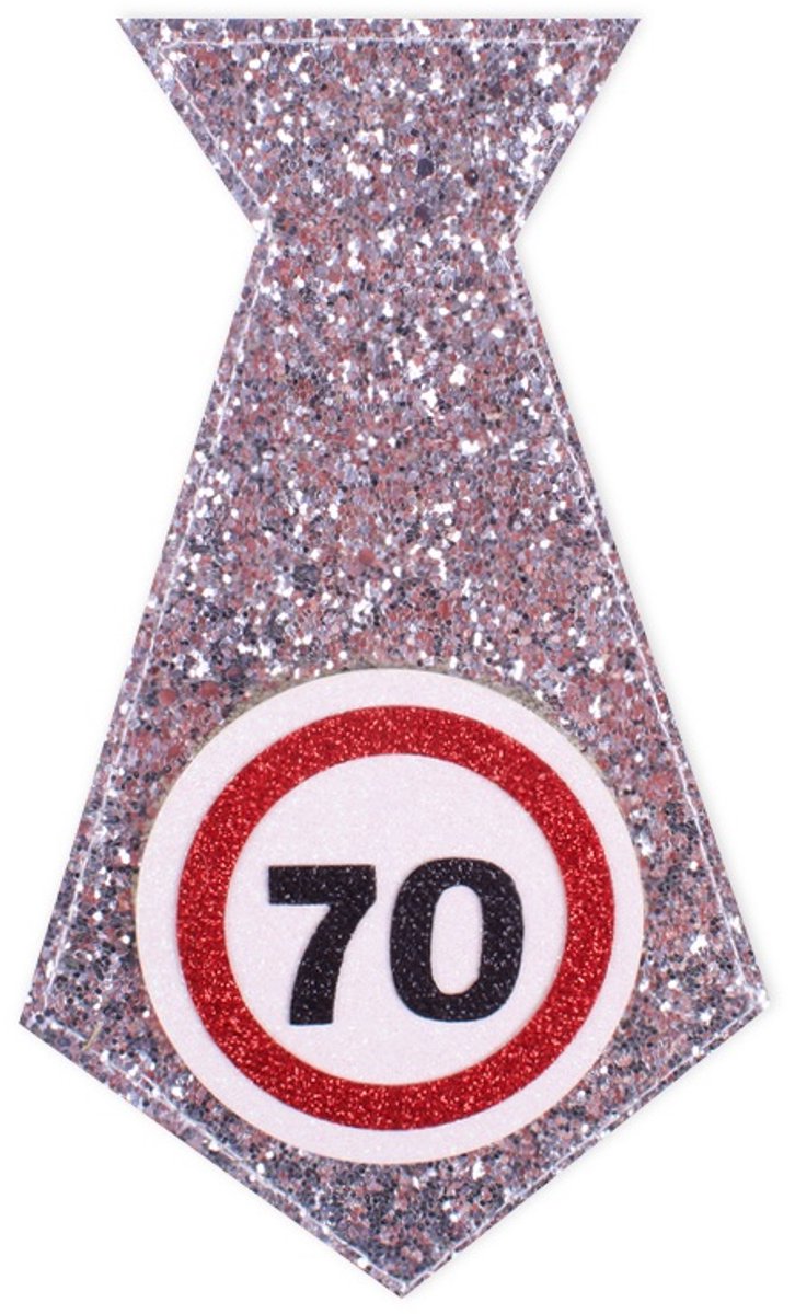 Polyester en PU glitterstropdas | verjaardag | wit | verkeersborden met cijfer 70