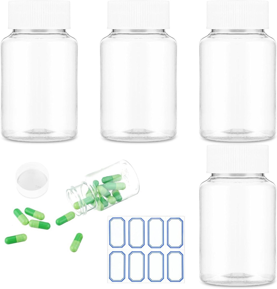 Allecto Plus - Lege doorzichtige plastic pillenflessen 30 ml - Set van 4 stuks - Pillen medicijn reagensfles chemische containers met doppen - Voor vloeibaar en vast poeder