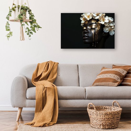 Femme à la peinture dorée et aux fleurs - Peintures sur verre élégantes - Peinture femme - Surréalisme - Peintures sur verre acrylique - Art mural - verre acrylique 105x70 cm
