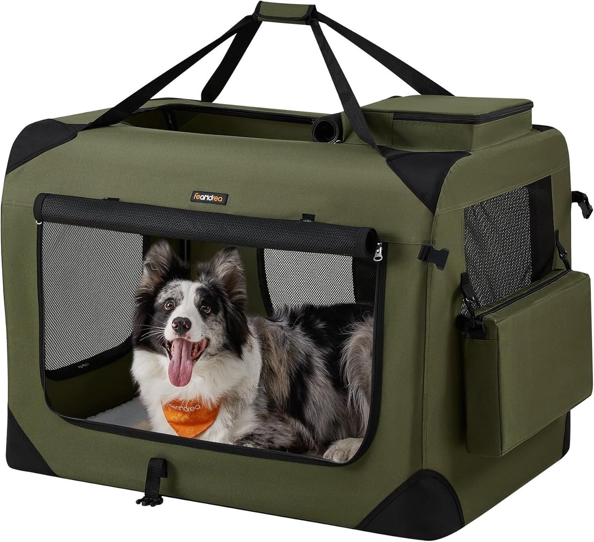 Feandrea 91 cm Opvouwbare Zachte Hondenbench – Draagbare Reismand voor Binnen en Buiten, met Veiligheidsritsen – Forest Green – Model UPDC090C01