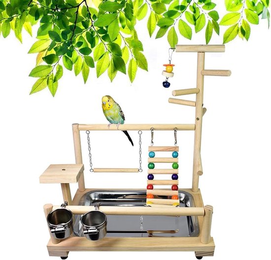 Parkieten, speelplaats voor vogels, papegaaienspeelstandaard met voederbeker en dienblad, vogelpapegaaienspeelgoed, houten papegaaienspeelgoed 44 x 37 x 26 cm