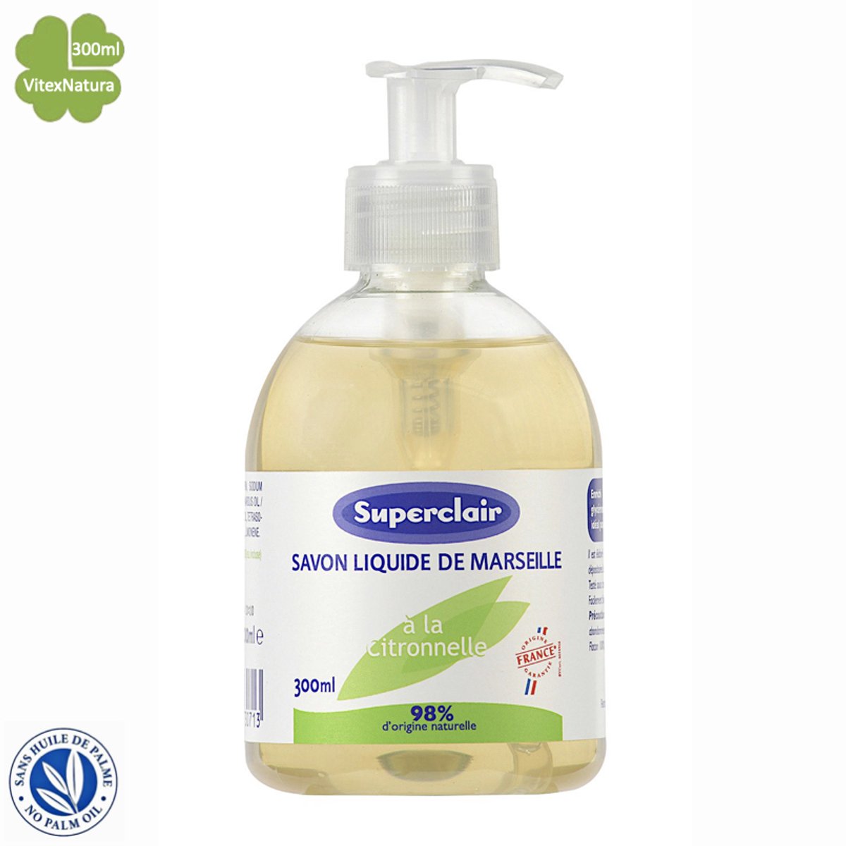 Marseille vloeibare zeep 300ml | Verrijkt met essentiële olie van citroengras en glycerine | Superclair