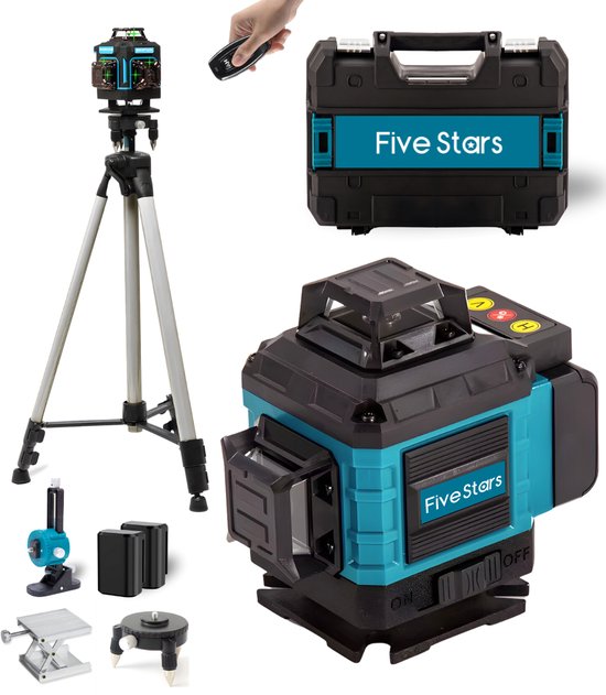 Five Stars® Kruislijnlaser Met Statief - 4 tot 16 Lijnen - 4D Professionele Bouwlaser - Zelfnivellerend - 360 Graden - Groene Laser Waterpas - Lijnlaser - Complete set