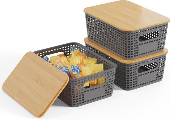 Novaliv Set van 3 opbergdozen met deksel, keuken, 2 liter, zwart, kunststof, rotan-look, keukenopslag en organisatie, BPA-vrije kastorganizer, opbergdozen voor theezakjes, snacks, specerijen