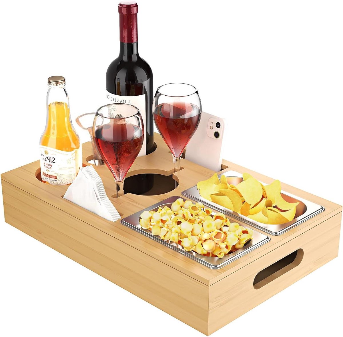 2-in-1 bamboe bankdienblad voor bankbar - snackschaal - bekerhouder - flessenhouder - woonkamer - feest - handig en stijlvol