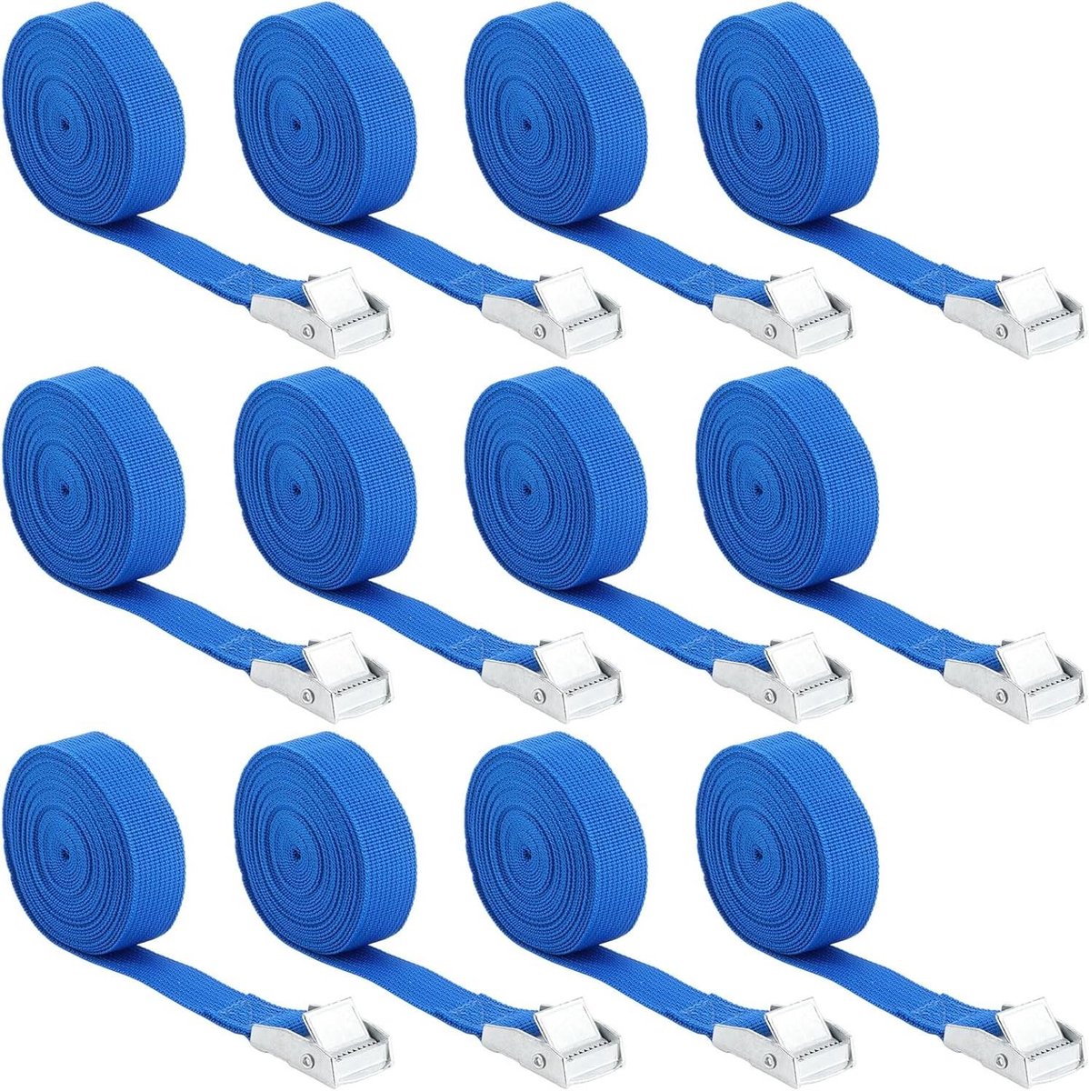 Allecto Plus - 12-delige set sjorbanden van 4 meter voor transport en camping - blauw - bevestigingsriem breedte 25 mm