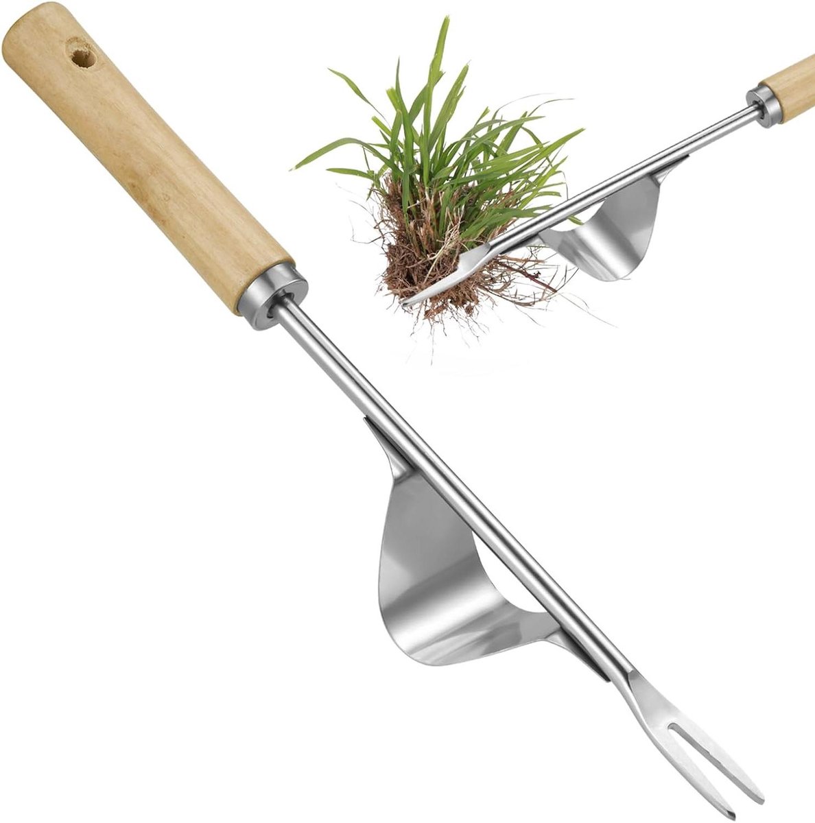 Allecto Plus - Handmatige Onkruidtrekker met Houten Handvat en Roestvrijstalen Wortelverdelger voor Tuin en Gazon – Efficiënt Tuin-Onkruidverwijderingsgereedschap