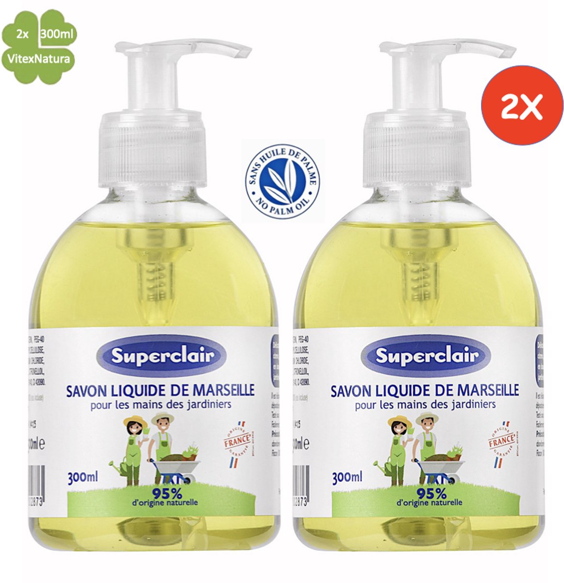 Vloeibare Marseillezeep voor de handen van tuiniers 2x300ml | verrijkt met essentiële citroenolie | Superclair