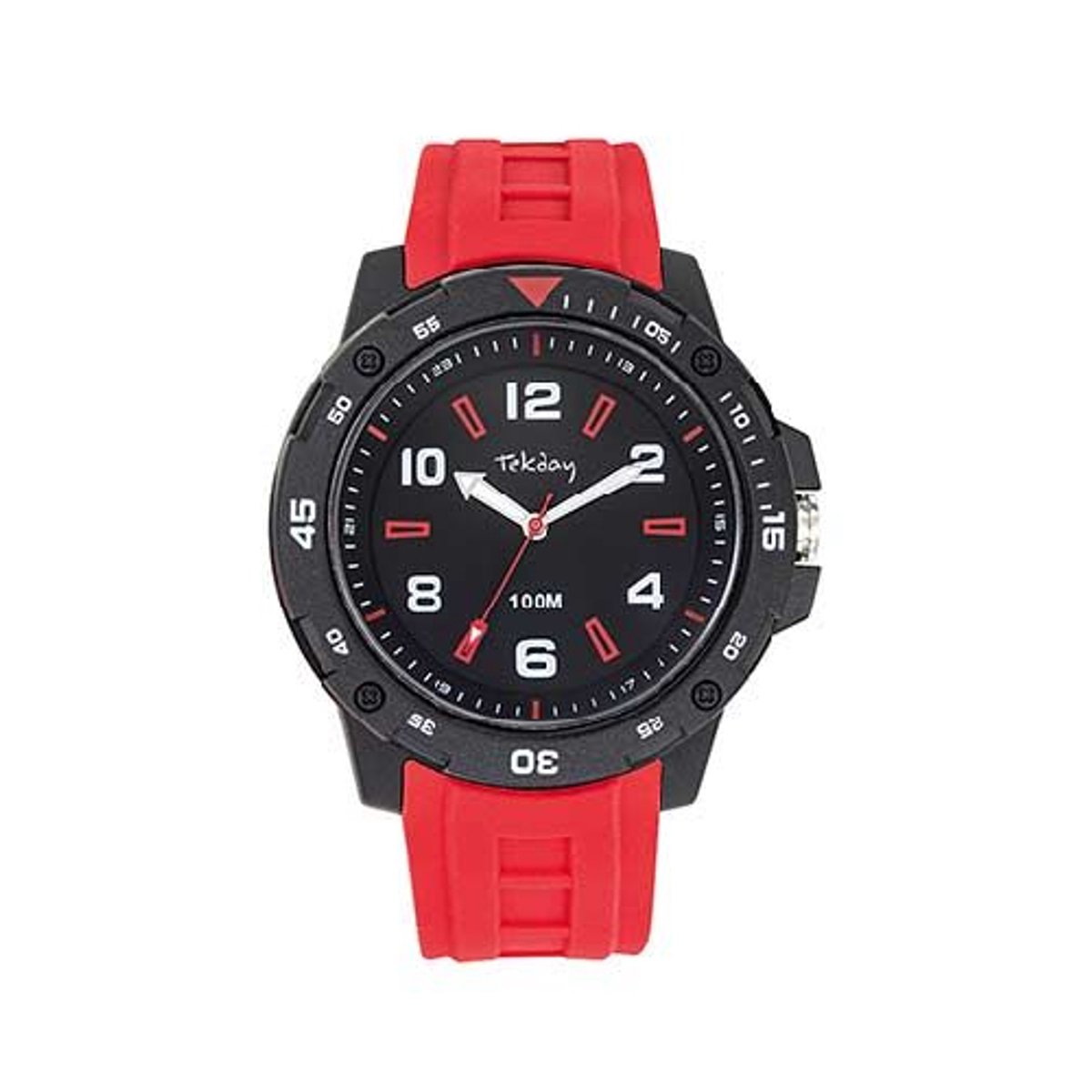 Tekday-herenhorloge-model 656226-rood-zwart-siliconen-hoog draagcomfort-10 atm waterdicht-zwemmen-duidelijke wijzerplaat-diameter 45 mm
