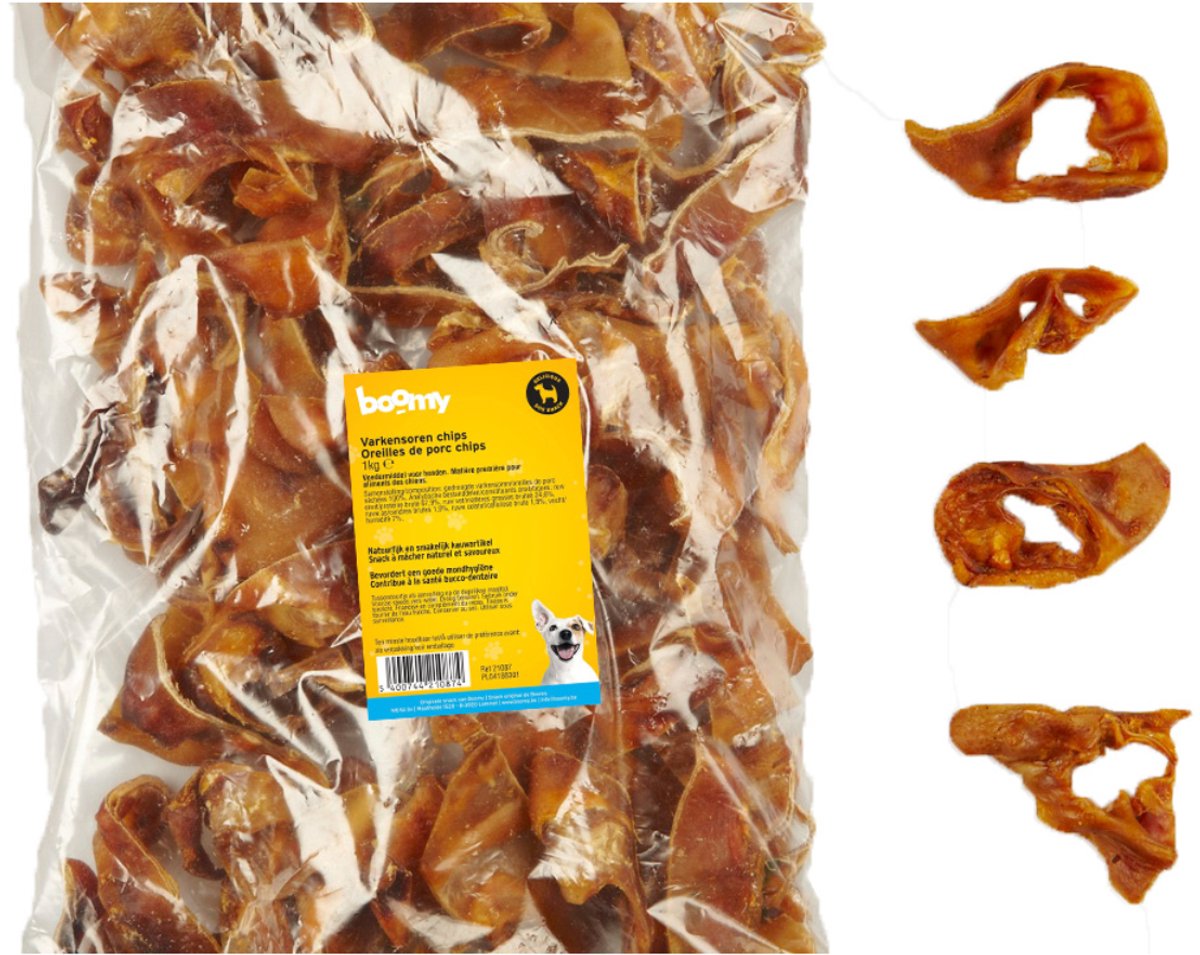 Boomy - Varkensoren Chips – 100% Natuurlijke hondensnacks - Varkensoren in stukjes van 6-7cm – Hondensnoepje voor alle rassen - 1kg