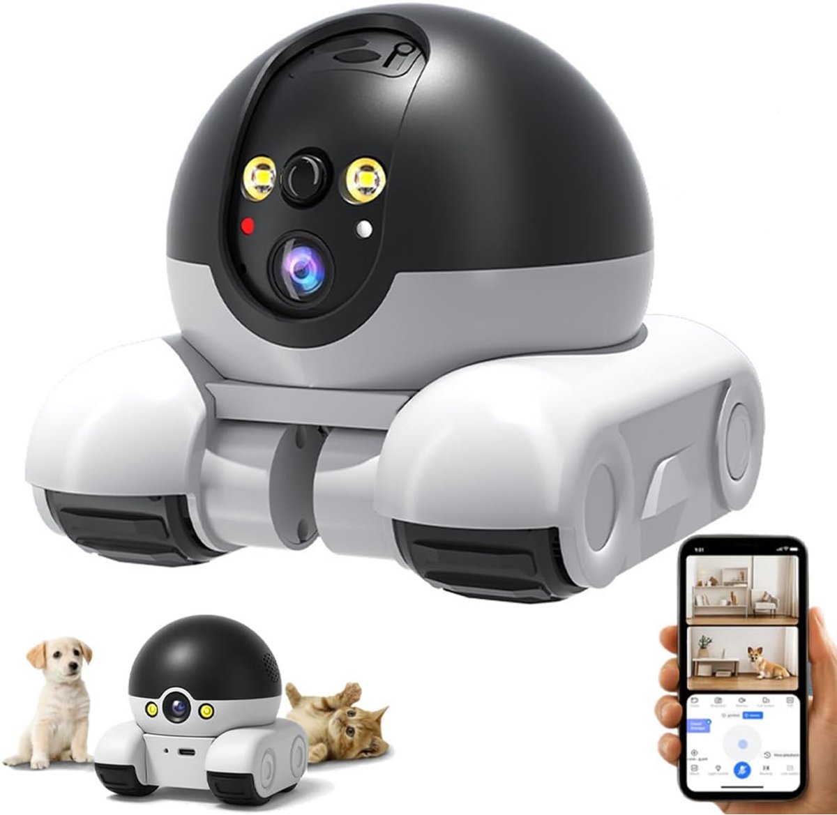 Camera Robot - Beveiligingscamera Binnen - 2MP Ultra HD - Huisdiercamera - Petcam - Hondencamera - Met WiFi - Volgt Beweging en Geluidsdetectie - Indoor Camera - Nachtzicht - Robotcamera op Wielen - 2.4 G - Zwart