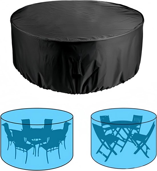 Zwarte ronde beschermhoes voor terrasmeubilair, passend voor tafel en stoelen.