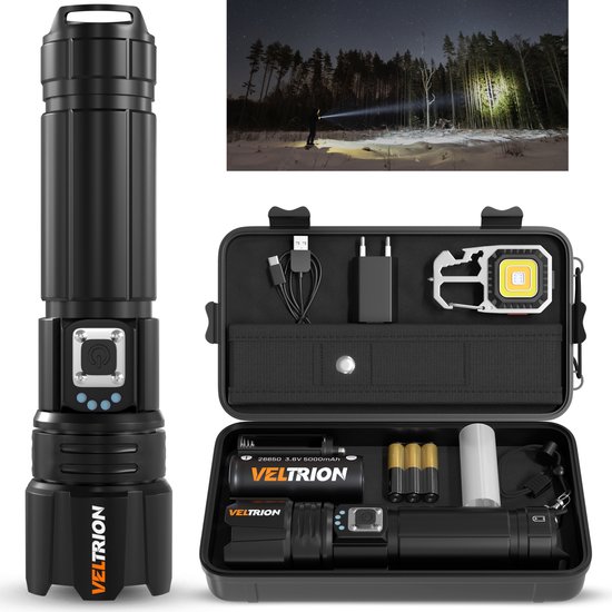 Veltrion - Gratis Accessoires - Zaklamp LED Oplaadbaar - Militaire Zaklamp - 6000 Lumen - 26650 mAh Batterij - 5 Standen - Powerbank Functie - IP65 Waterdicht - Op Batterijen