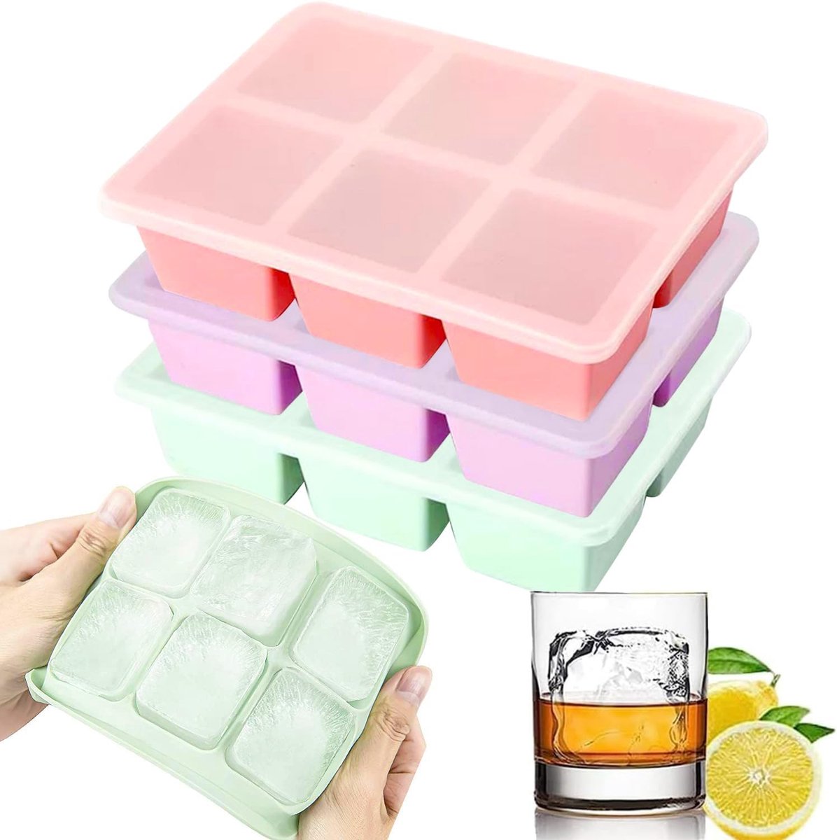 IJsblokjesvorm - 3 stuks - grote ijsblokjesvorm met deksel - stapelbaar en vaatwasmachinebestendig - siliconen - whisky - cocktails - snacks - babydranken - BPA-vrij