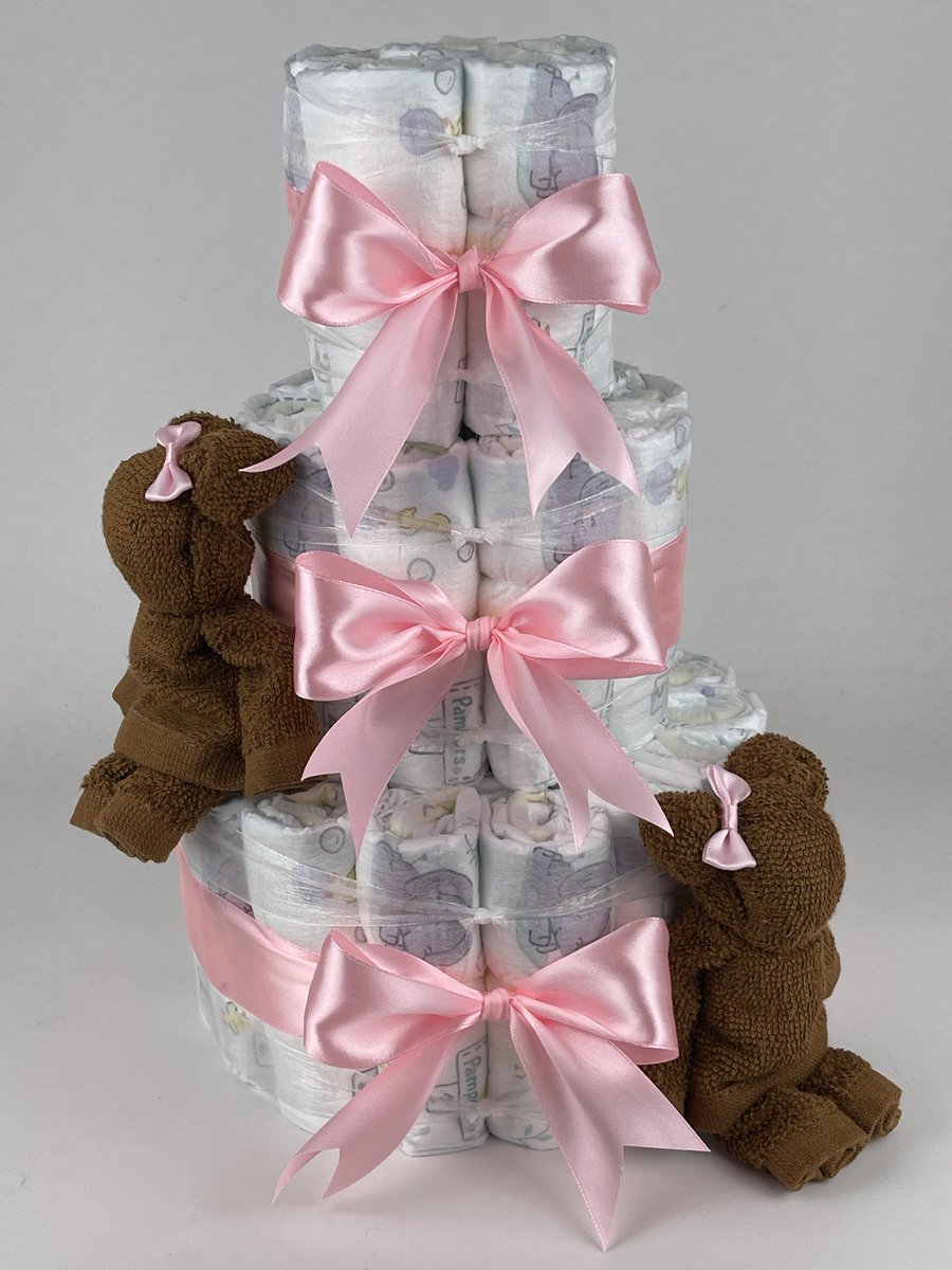 Chouette-Chouette | Luiertaart Meisje | Kraamcadeau | Geboorte Meisje | Babyshower | Beren clay Bruin - Roze
