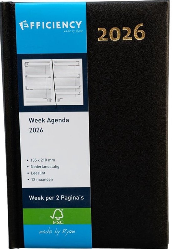 Ryam - Agenda 2026 - Efficiency Kort - Zwart - Weekoverzicht - Hardcover - A5 (135x210mm)