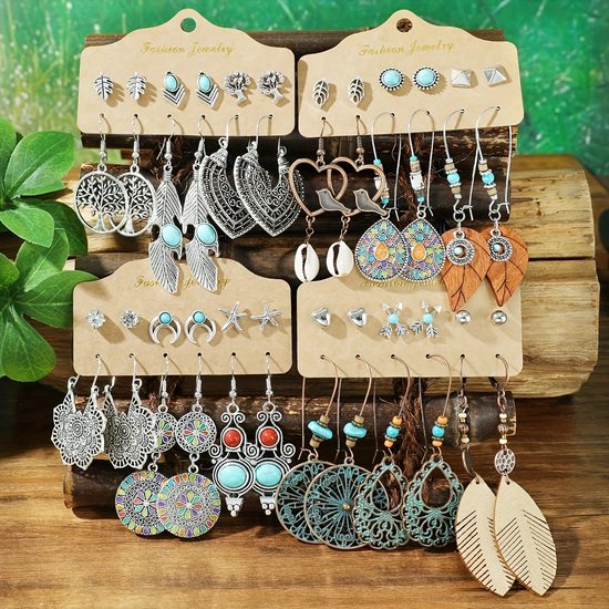 Set de 24 paires de Boucles d'oreilles Boho pour femmes – Styles variés avec Pendentifs, Perles , motifs feuilles et mandalas – Look Vintage en métal, bois et similicuir