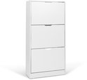 Witte schoenenkast met drie kleppen en subtiele handgrepen.