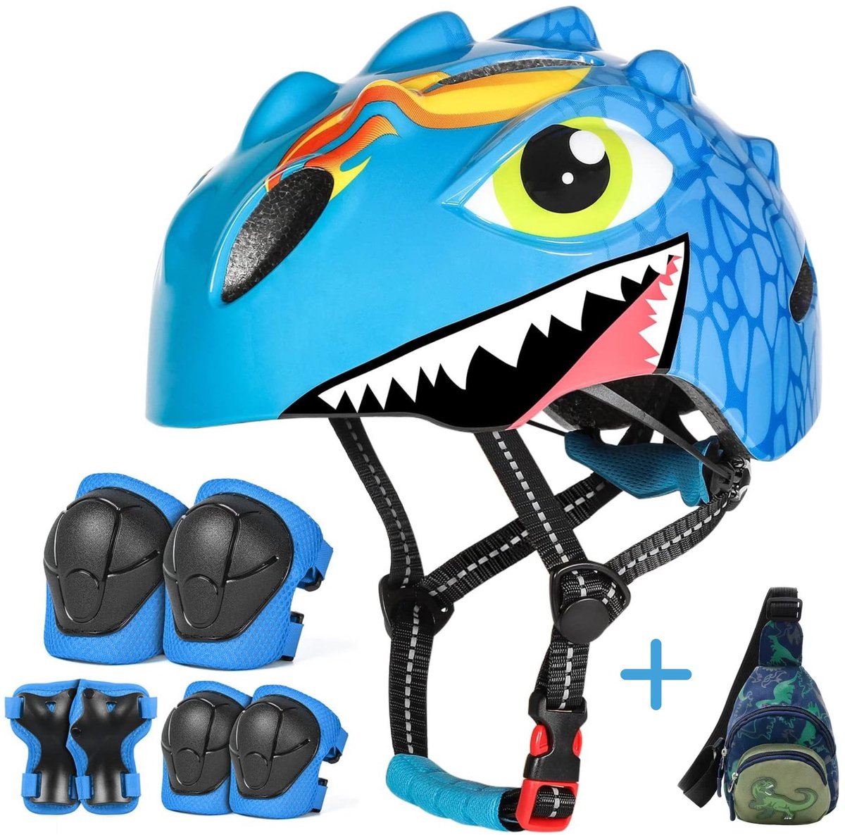 Victgoal Fietshelm Kind - Kinderhelm - Fietshelm Kinderen - Skate Beschermset - Kniebeschermers - Polsbeschermers - Elleboogbeschermers - Skate helm - Blauw - 50-54cm - Gratis mini Dino schoudertas - Geschikt voor kinderen vanaf 3 tot 8 Jaar