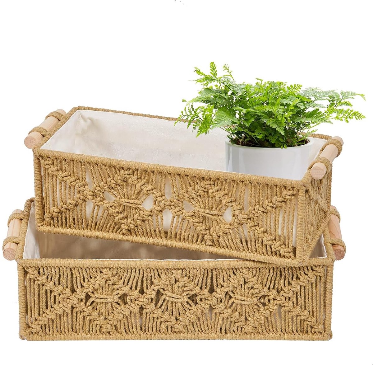 Gevlochten opbergmanden - Boho stijl - 2 stuks - Katoen - Wit/Braun