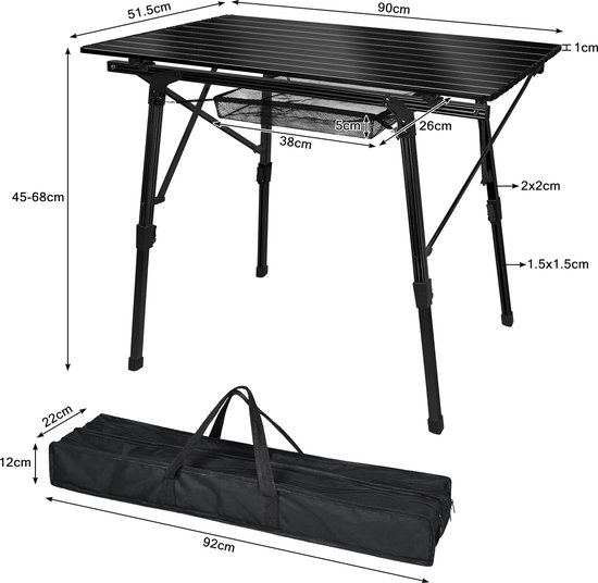 Aluminium Inklapbare Campingtafel 90 x 52 cm, Hoogte Verstelbare Reistafel, Picknicktafel met Draagtas voor Gemakkelijk Transport van Merkloos — afbeelding 2