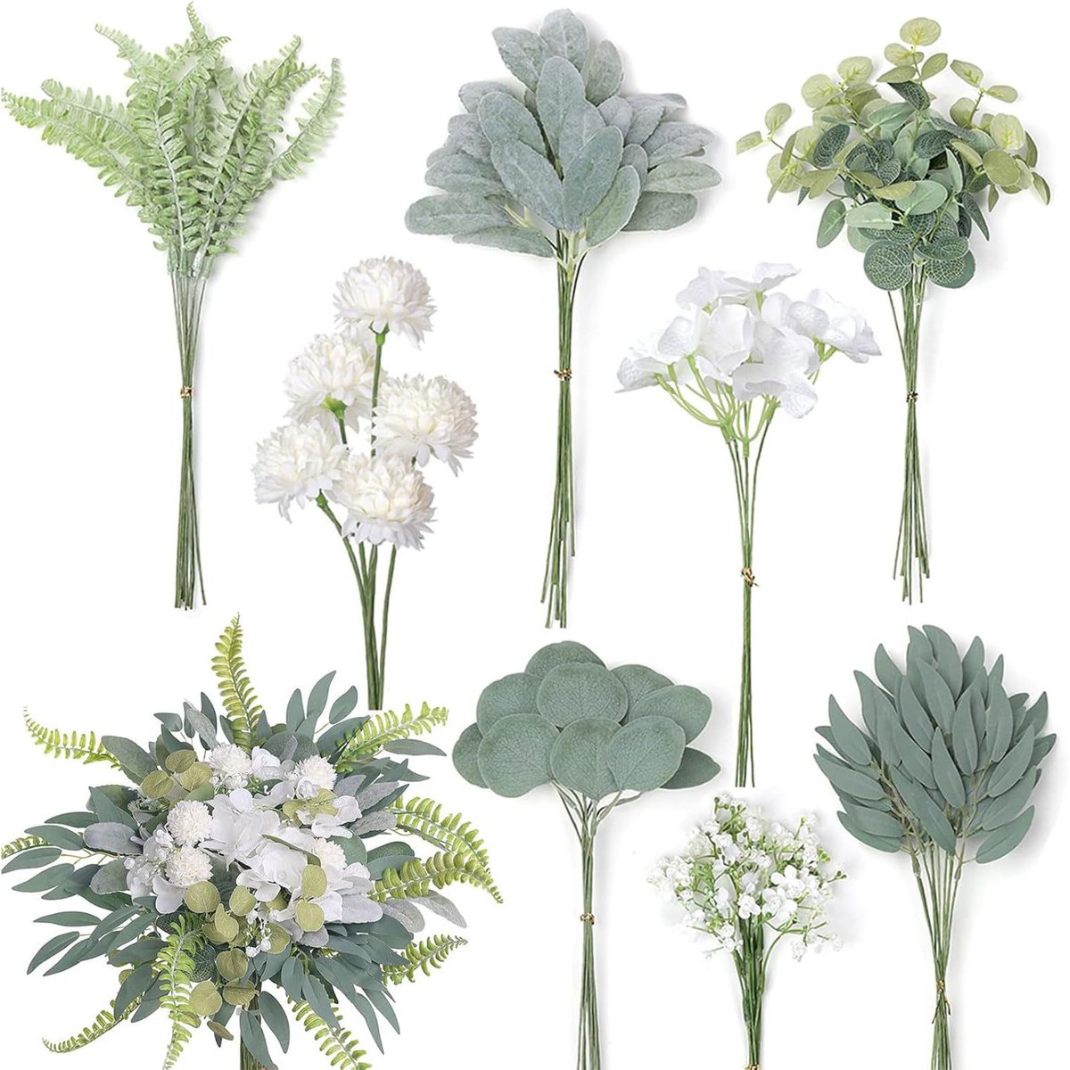 Ibenzoa Set van 65 kunstmatige eucalyptus takken in wit voor diverse decoratieve toepassingen groen