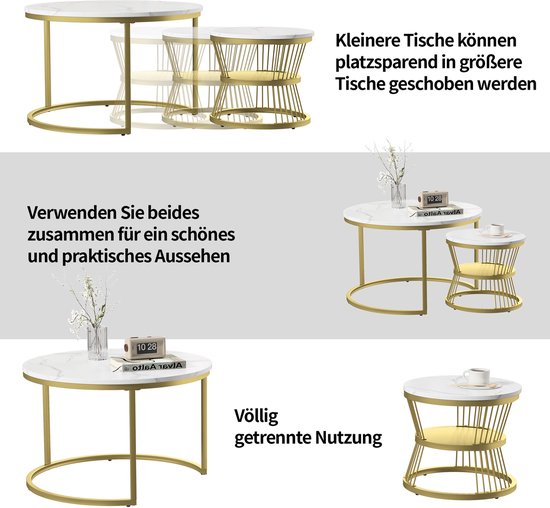 Table basse ronde (2 pièces), 70x45,5 cm, 45x40 cm, table avec plateau blanc et support de pied doré, ensemble de 2 tables basses rondes intégrées dans le côté du canapé (plateau blanc + pied doré)